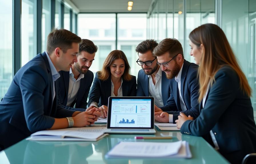 Professional team collaborating on data strategy in a modern office