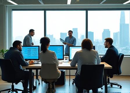 Team analyzing secure data metrics